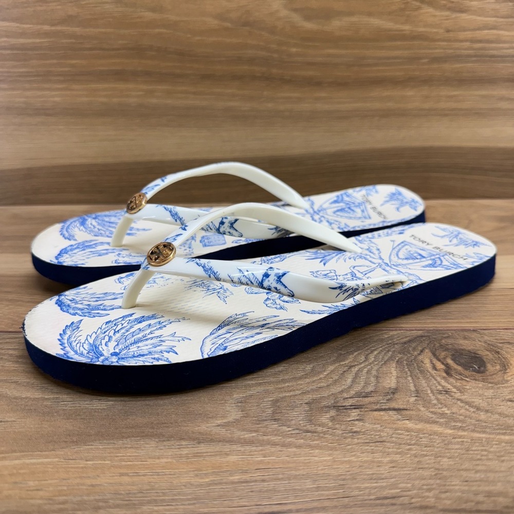 Tory Burch Far And Away Flip Flops Womens 8 M Blue Cream Travel Thong Sandals - Picture 3 of 10